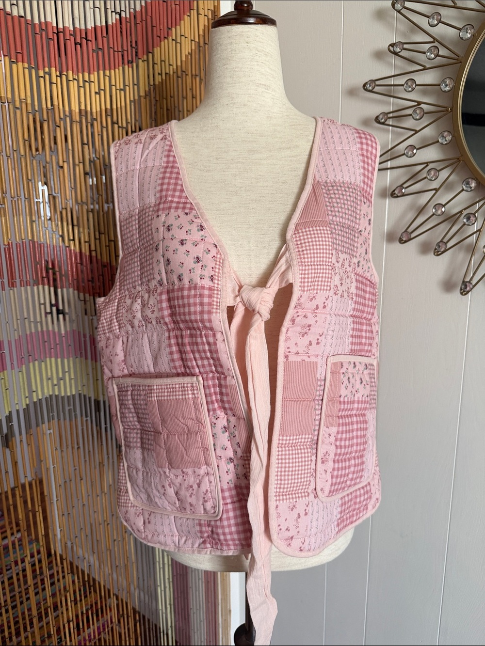 Stoosh Pink Patchwork Tie-Front Quilted Sleep Vest